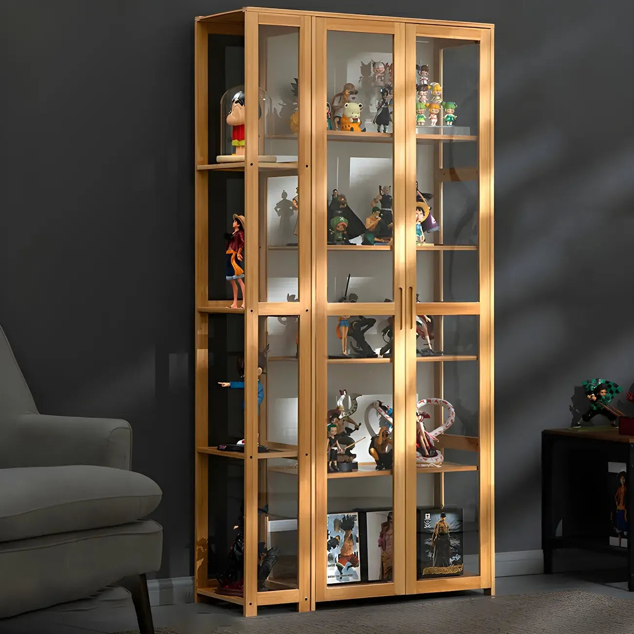 Vitrine de présentation ouverte en bambou et verre, 7 étagères, couleur beige