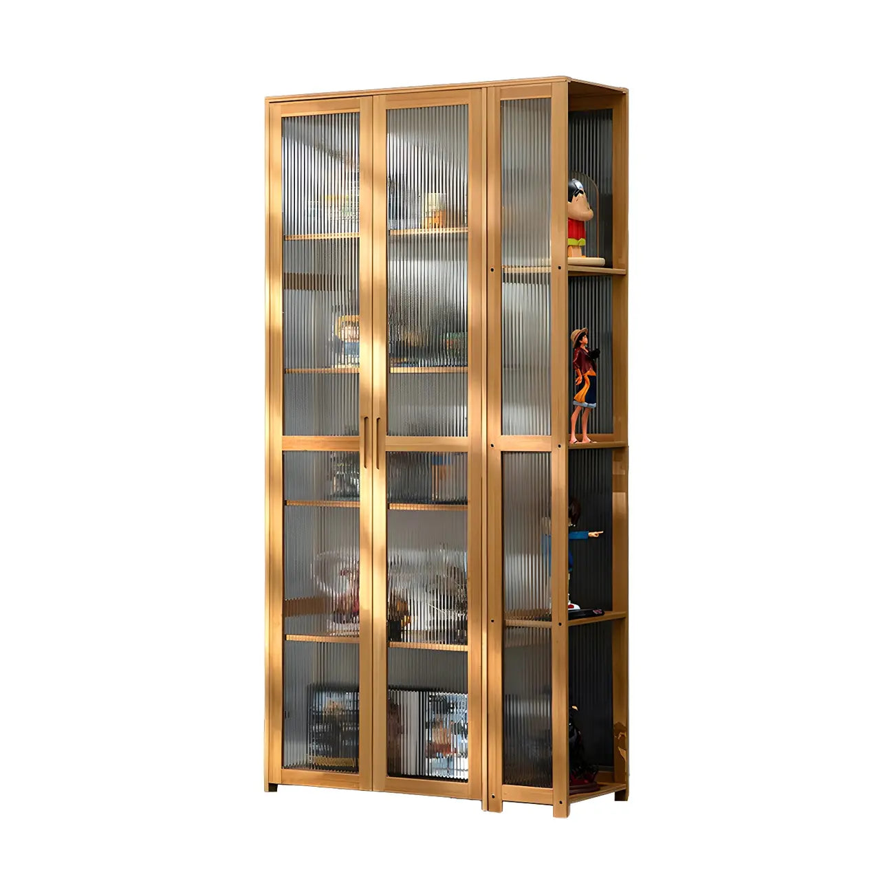 Vitrine de présentation ouverte en bambou et verre, 7 étagères, couleur beige