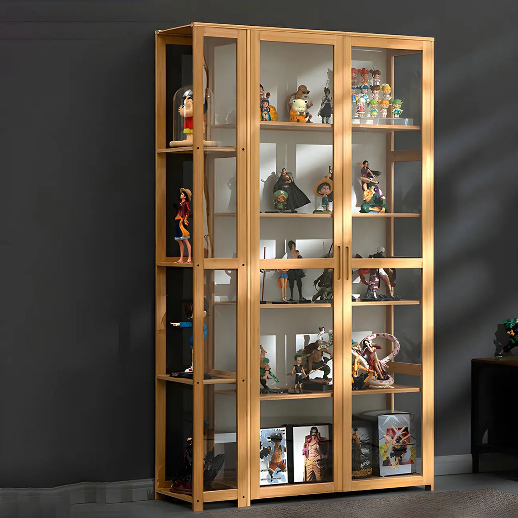 Vitrine de présentation ouverte en bambou et verre, 7 étagères, couleur beige