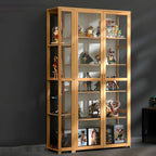 Vitrine de présentation ouverte en bambou et verre, 7 étagères, couleur beige