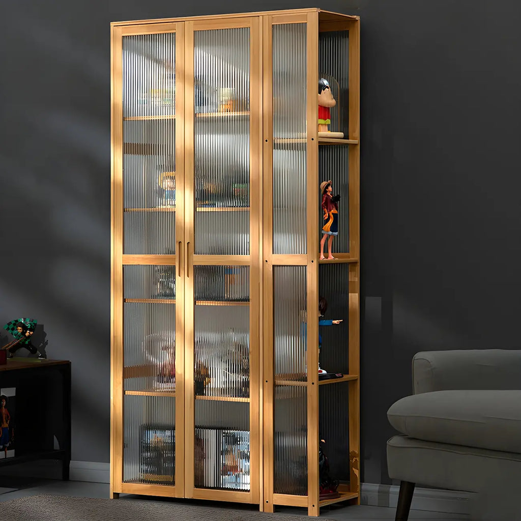 Vitrine de présentation ouverte en bambou et verre, 7 étagères, couleur beige