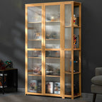 Vitrine de présentation ouverte en bambou et verre, 7 étagères, couleur beige
