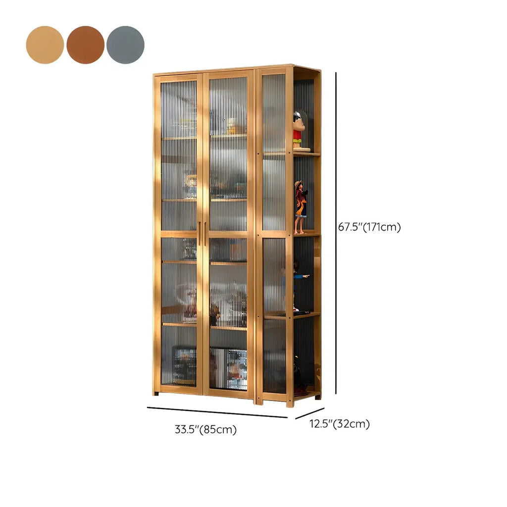 Vitrine de présentation ouverte en bambou et verre, 7 étagères, couleur beige