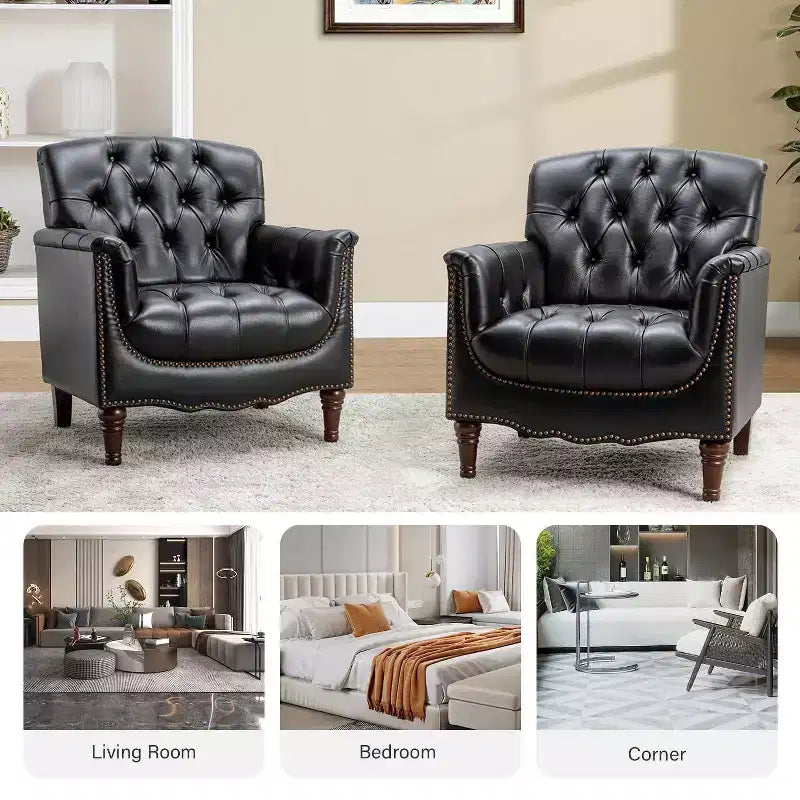 Lot de 2 fauteuils Enrique en cuir véritable avec dossier capitonné | ART OF LIVING DESIGNS