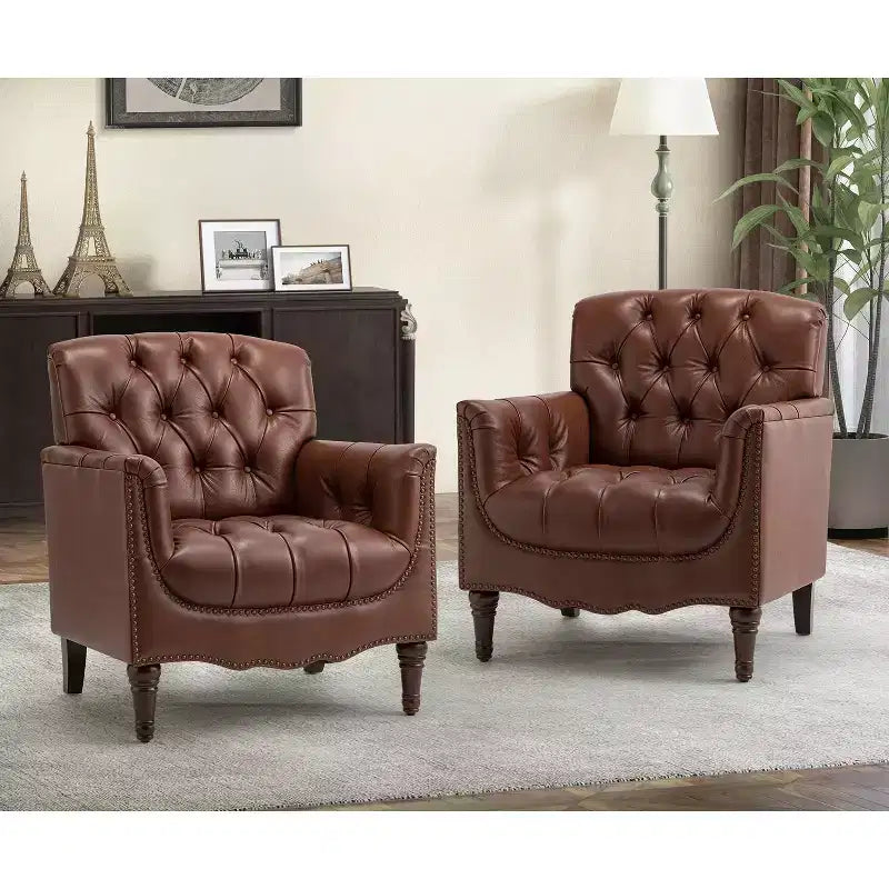 Lot de 2 fauteuils Enrique en cuir véritable avec dossier capitonné | ART OF LIVING DESIGNS