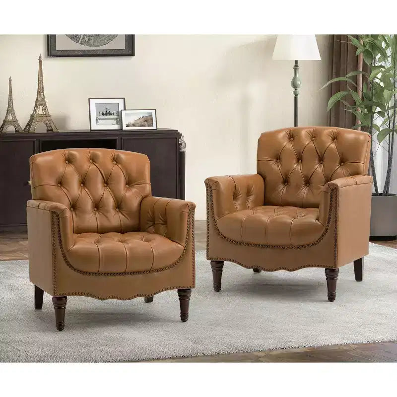 Lot de 2 fauteuils Enrique en cuir véritable avec dossier capitonné | ART OF LIVING DESIGNS