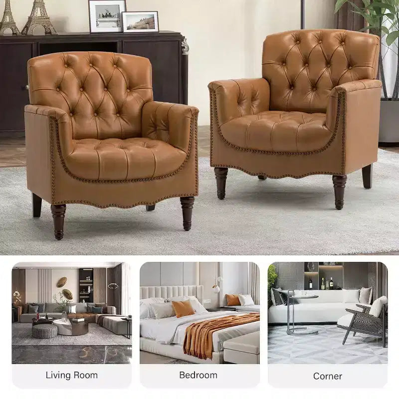 Lot de 2 fauteuils Enrique en cuir véritable avec dossier capitonné | ART OF LIVING DESIGNS