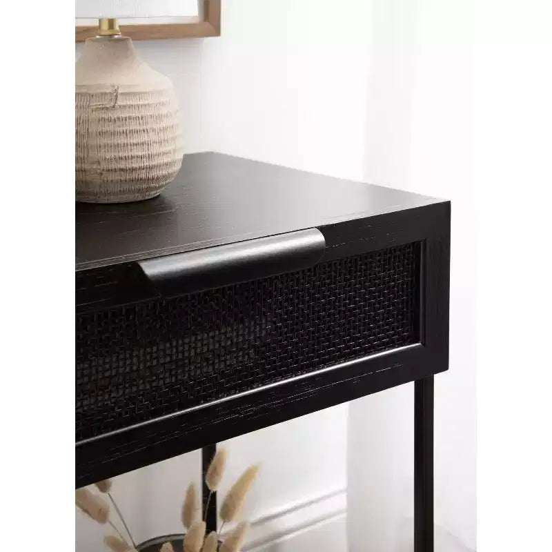 Table d'appoint Kate and Laurel Ori en bois et rotin, 18x15x24, Noir