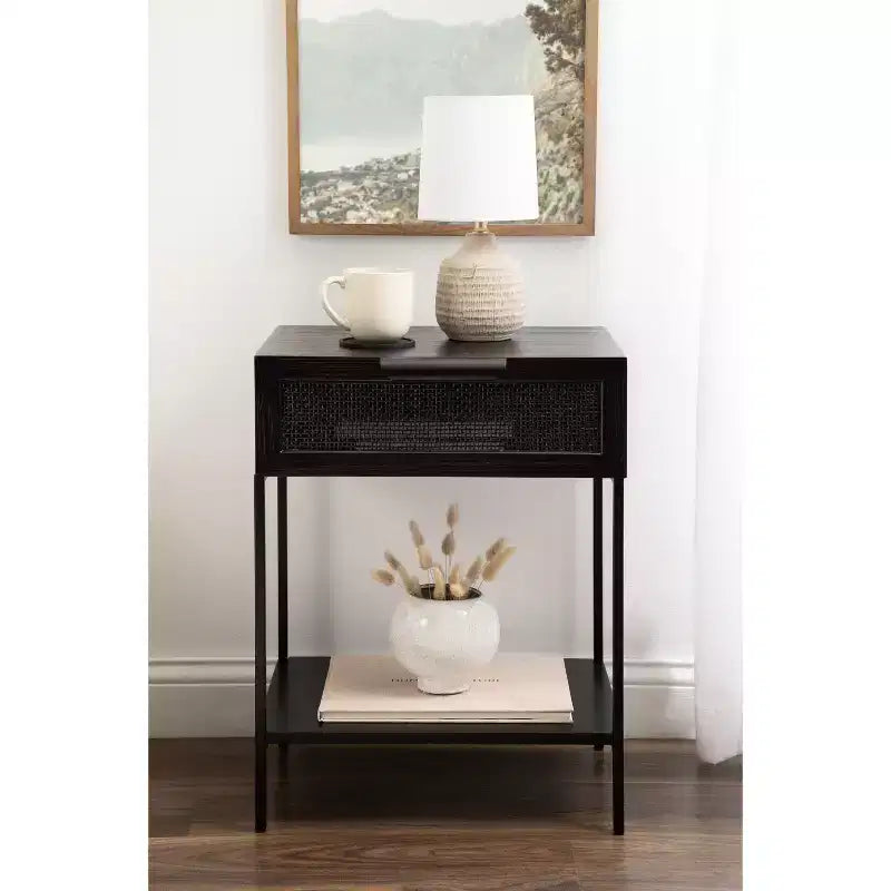 Table d'appoint Kate and Laurel Ori en bois et rotin, 18x15x24, Noir