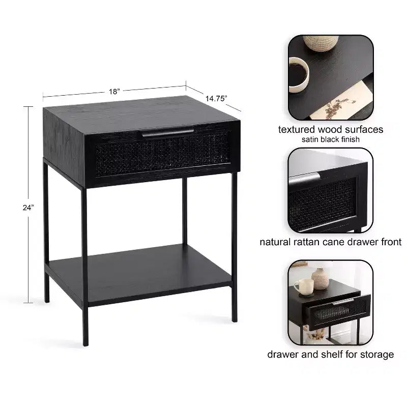 Table d'appoint Kate and Laurel Ori en bois et rotin, 18x15x24, Noir