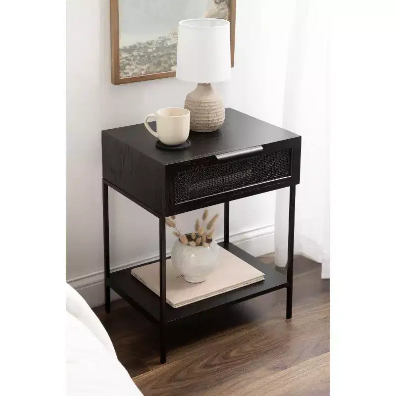 Table d'appoint Kate and Laurel Ori en bois et rotin, 18x15x24, Noir