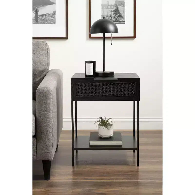 Table d'appoint Kate and Laurel Ori en bois et rotin, 18x15x24, Noir