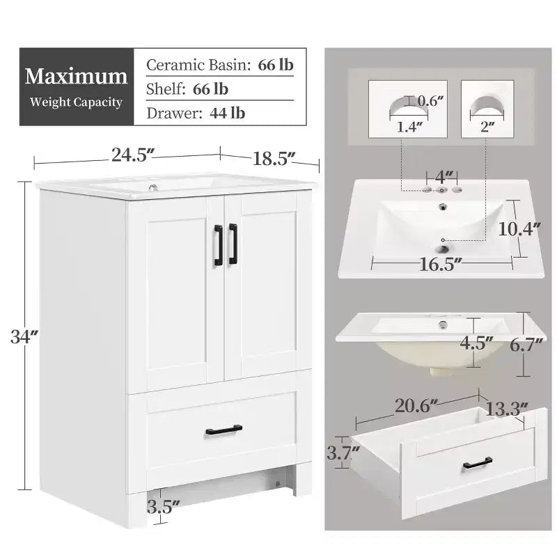 Meuble-lavabo de salle de bain Yaheetech de 86 cm avec lavabo, blanc