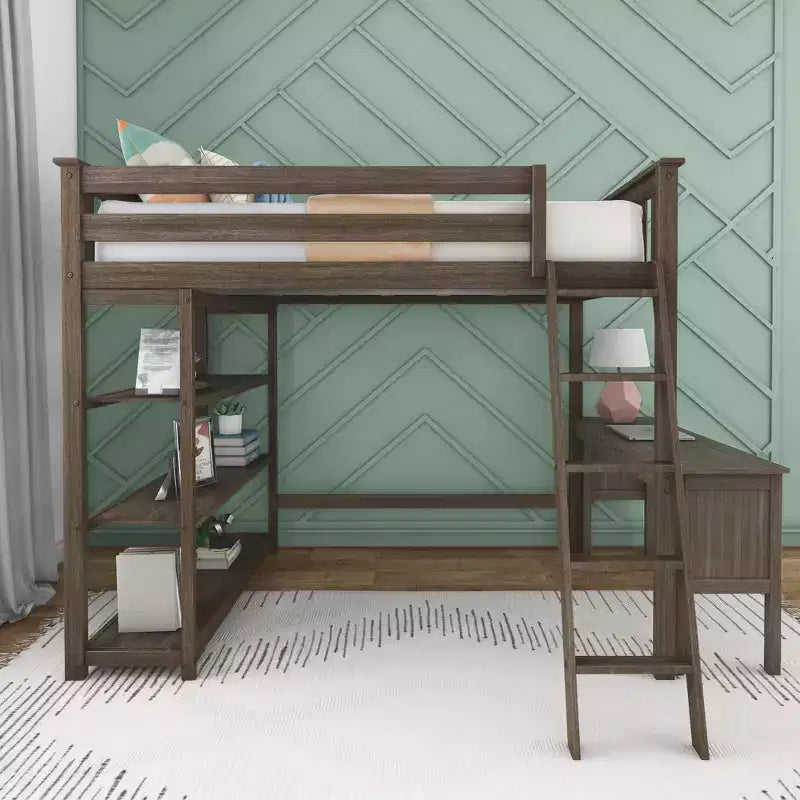 Lit superposé surélevé pleine grandeur Max & Lily avec bureau, échelle et bibliothèque, cadre en bois massif, gain de place, capacité de poids de 181 kg, montage facile