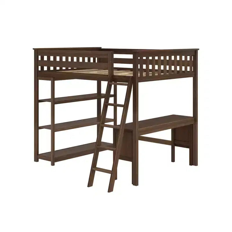 Lit superposé surélevé pleine grandeur Max & Lily avec bureau, échelle et bibliothèque, cadre en bois massif, gain de place, capacité de poids de 181 kg, montage facile