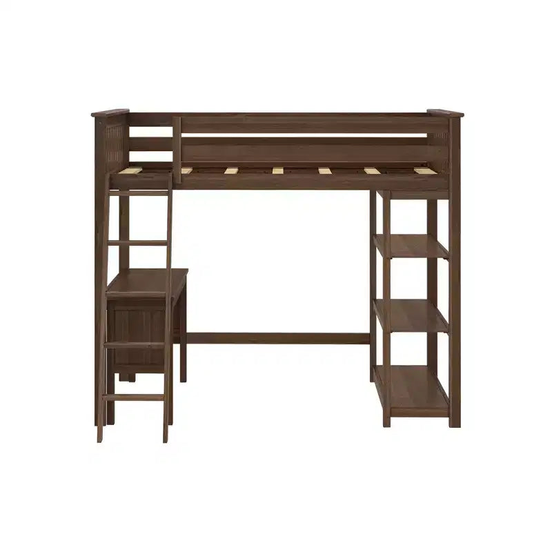 Lit superposé surélevé pleine grandeur Max & Lily avec bureau, échelle et bibliothèque, cadre en bois massif, gain de place, capacité de poids de 181 kg, montage facile