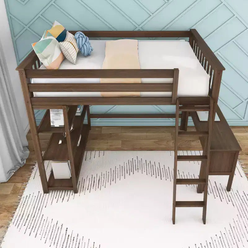 Lit superposé surélevé pleine grandeur Max & Lily avec bureau, échelle et bibliothèque, cadre en bois massif, gain de place, capacité de poids de 181 kg, montage facile