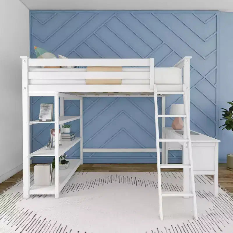 Lit superposé surélevé pleine grandeur Max & Lily avec bureau, échelle et bibliothèque, cadre en bois massif, gain de place, capacité de poids de 181 kg, montage facile