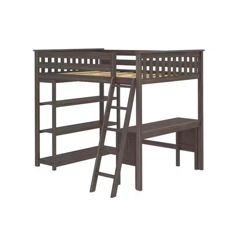 Lit superposé surélevé pleine grandeur Max & Lily avec bureau, échelle et bibliothèque, cadre en bois massif, gain de place, capacité de poids de 181 kg, montage facile
