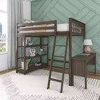 Lit superposé surélevé pleine grandeur Max & Lily avec bureau, échelle et bibliothèque, cadre en bois massif, gain de place, capacité de poids de 181 kg, montage facile