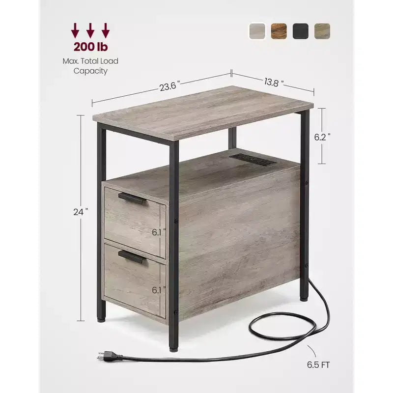 VASAGLE Table d'appoint avec station de charge, Table d'extrémité étroite avec 2 tiroirs, Table de chevet fine avec rangement