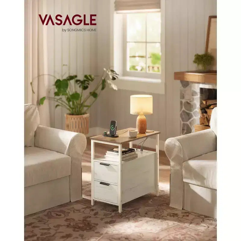 VASAGLE Table d'appoint avec station de charge, Table d'extrémité étroite avec 2 tiroirs, Table de chevet fine avec rangement