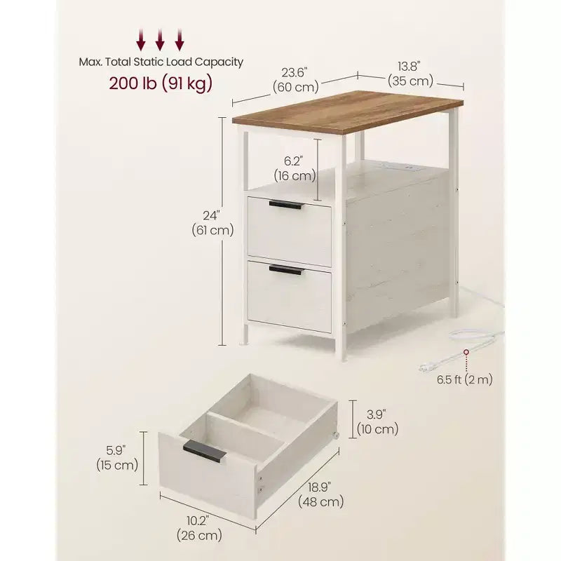VASAGLE Table d'appoint avec station de charge, Table d'extrémité étroite avec 2 tiroirs, Table de chevet fine avec rangement