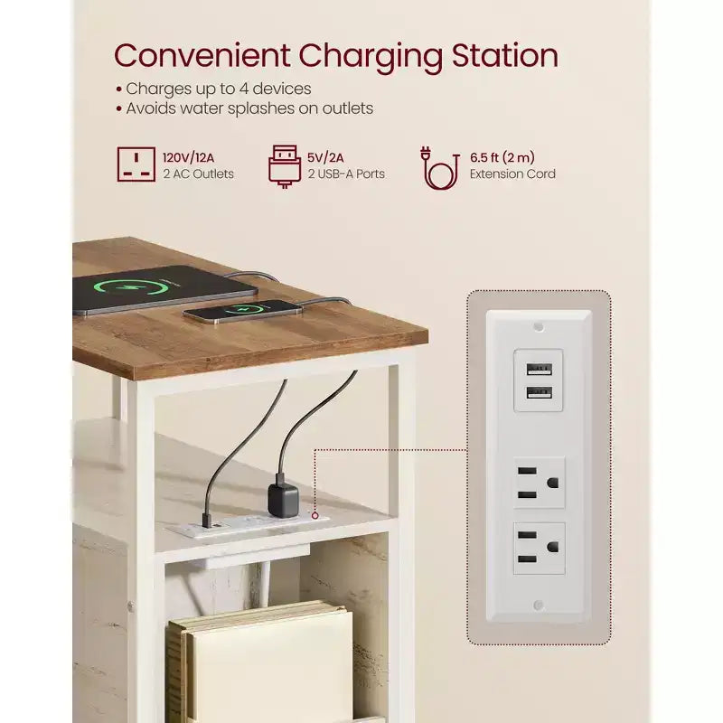 VASAGLE Table d'appoint avec station de charge, Table d'extrémité étroite avec 2 tiroirs, Table de chevet fine avec rangement