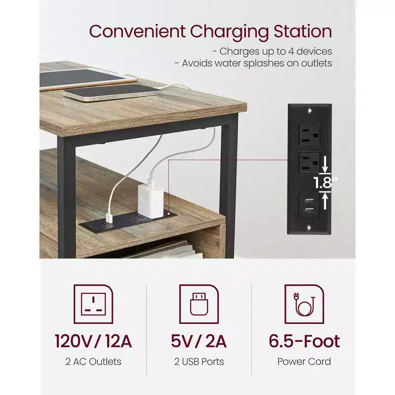 VASAGLE Table d'appoint avec station de charge, Table d'extrémité étroite avec 2 tiroirs, Table de chevet fine avec rangement