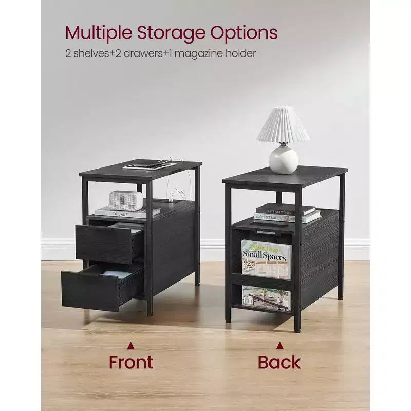VASAGLE Table d'appoint avec station de charge, Table d'extrémité étroite avec 2 tiroirs, Table de chevet fine avec rangement