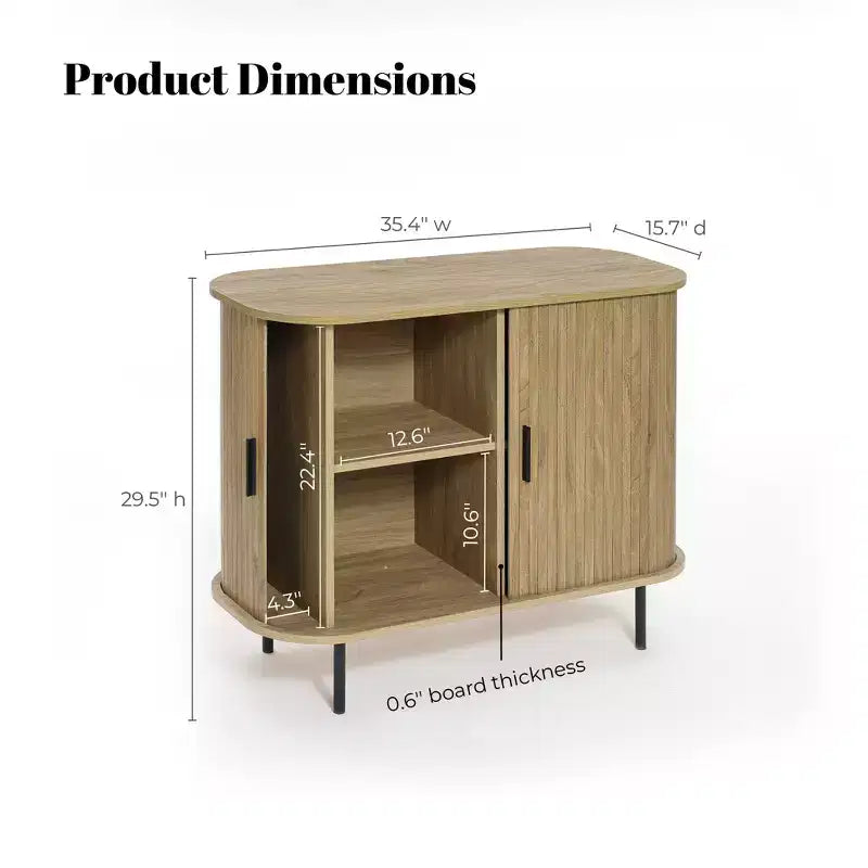 LuxenHome Buffet avec armoire de rangement, armoire d'appoint moderne du milieu du siècle à 2 portes de 35 pouces avec portes coulissantes à lattes et étagère, chêne