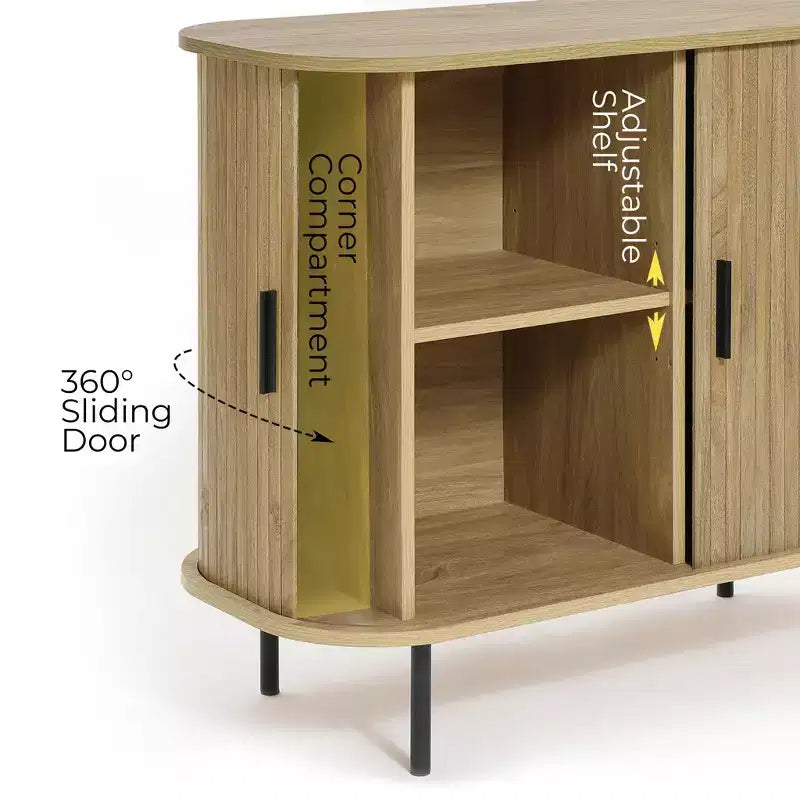 LuxenHome Buffet avec armoire de rangement, armoire d'appoint moderne du milieu du siècle à 2 portes de 35 pouces avec portes coulissantes à lattes et étagère, chêne