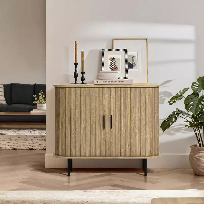 LuxenHome Buffet avec armoire de rangement, armoire d'appoint moderne du milieu du siècle à 2 portes de 35 pouces avec portes coulissantes à lattes et étagère, chêne
