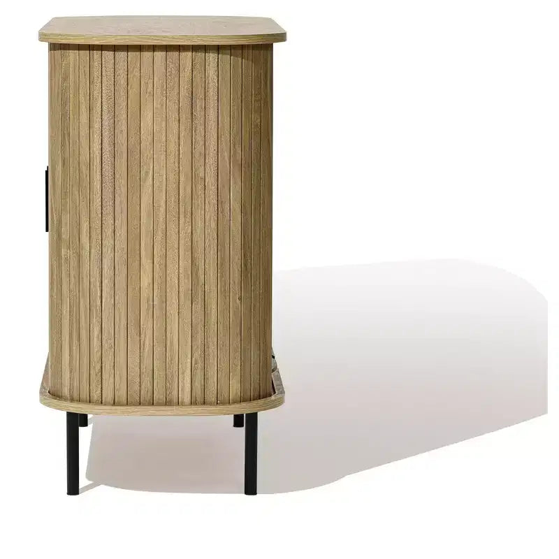 LuxenHome Buffet avec armoire de rangement, armoire d'appoint moderne du milieu du siècle à 2 portes de 35 pouces avec portes coulissantes à lattes et étagère, chêne