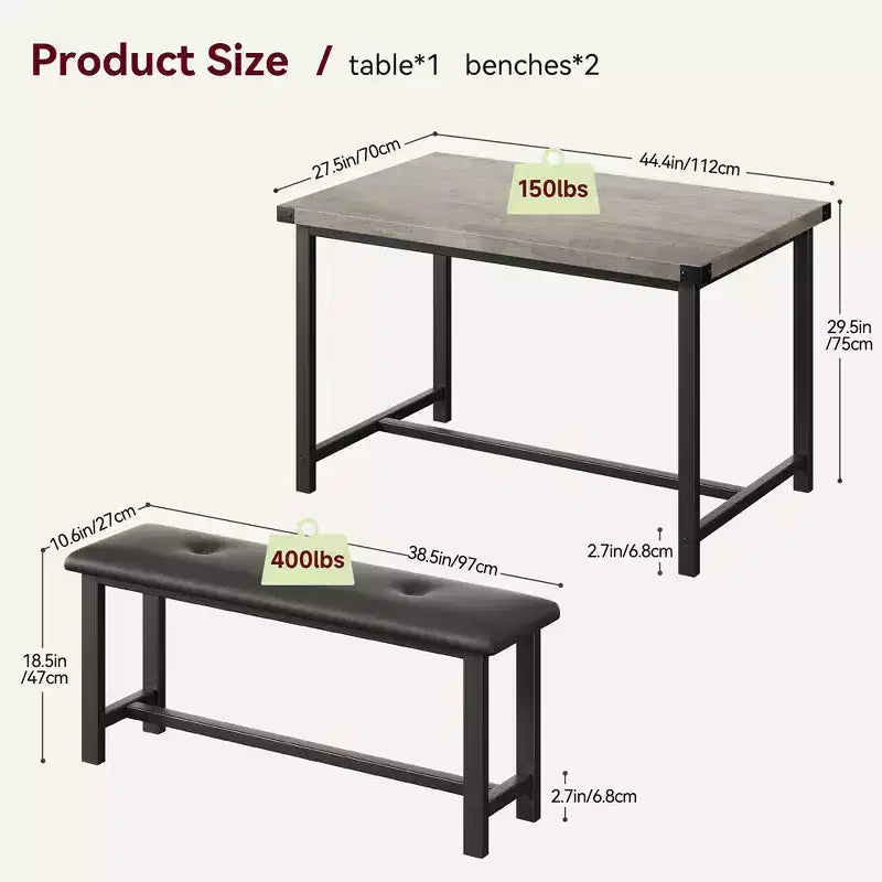 Ensemble table à manger pour 4, Table de cuisine en bois avec 2 bancs rembourrés, pour petits espaces, appartement, studio