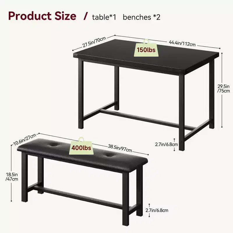 Ensemble table à manger pour 4, Table de cuisine en bois avec 2 bancs rembourrés, pour petits espaces, appartement, studio