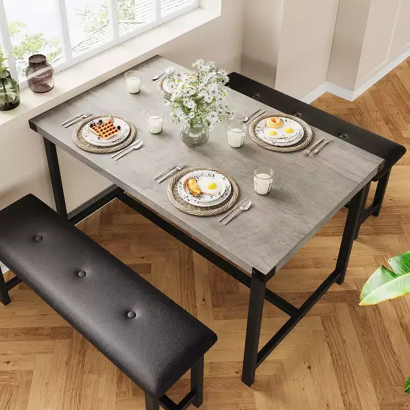 Ensemble table à manger pour 4, Table de cuisine en bois avec 2 bancs rembourrés, pour petits espaces, appartement, studio
