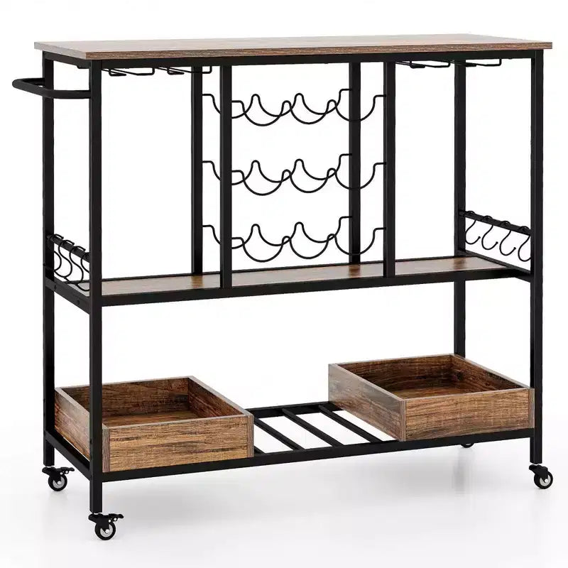 Costway Desserte de Bar à 3 Niveaux, Chariot de Service à Domicile sur Roues avec Porte-Verres et Porte-Bouteilles, Marron Rustique/Marron Vintage