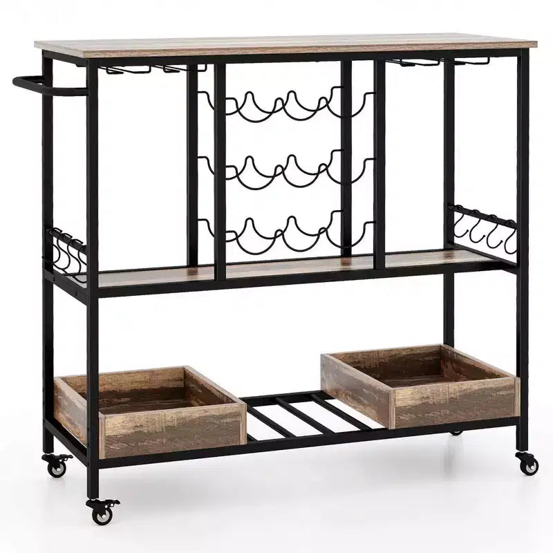 Costway Desserte de Bar à 3 Niveaux, Chariot de Service à Domicile sur Roues avec Porte-Verres et Porte-Bouteilles, Marron Rustique/Marron Vintage
