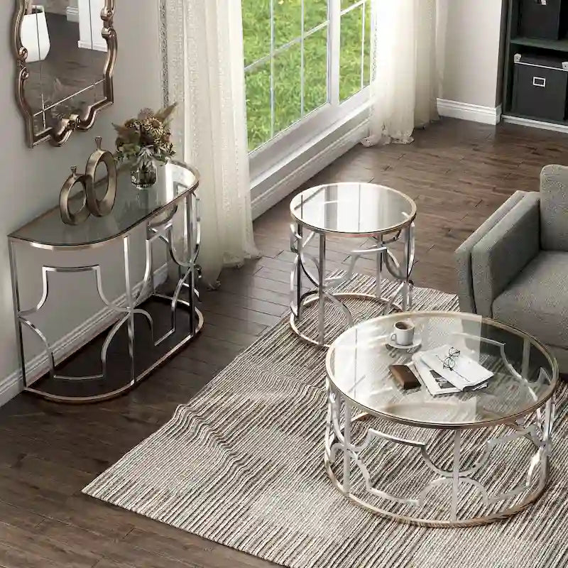 Ensemble de 3 tables basses Ders Glam Chrome et placage or avec plateau en verre trempé par Furniture of America