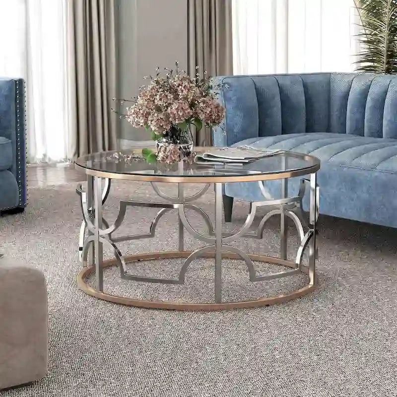 Ensemble de 3 tables basses Ders Glam Chrome et placage or avec plateau en verre trempé par Furniture of America