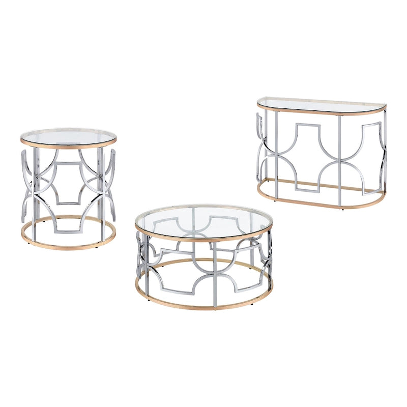 Ensemble de 3 tables basses Ders Glam Chrome et placage or avec plateau en verre trempé par Furniture of America