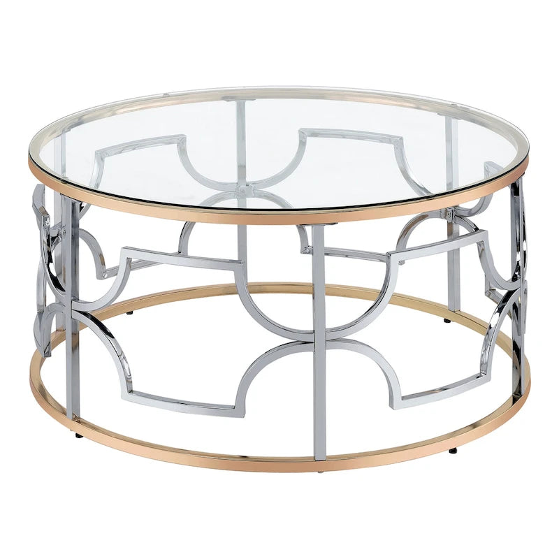 Ensemble de 3 tables basses Ders Glam Chrome et placage or avec plateau en verre trempé par Furniture of America