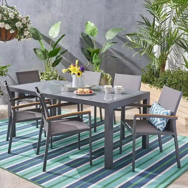 Ensemble de salle à manger d'extérieur 7 pièces en aluminium Luton avec plateau de table en verre de Christopher Knight Home