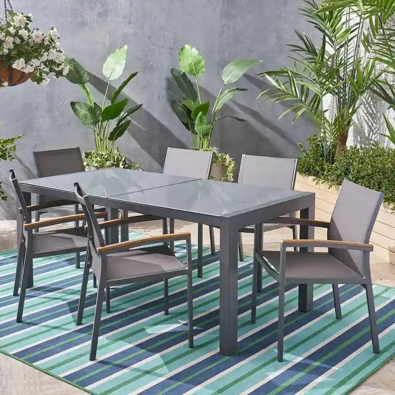 Ensemble de salle à manger d'extérieur 7 pièces en aluminium Luton avec plateau de table en verre de Christopher Knight Home
