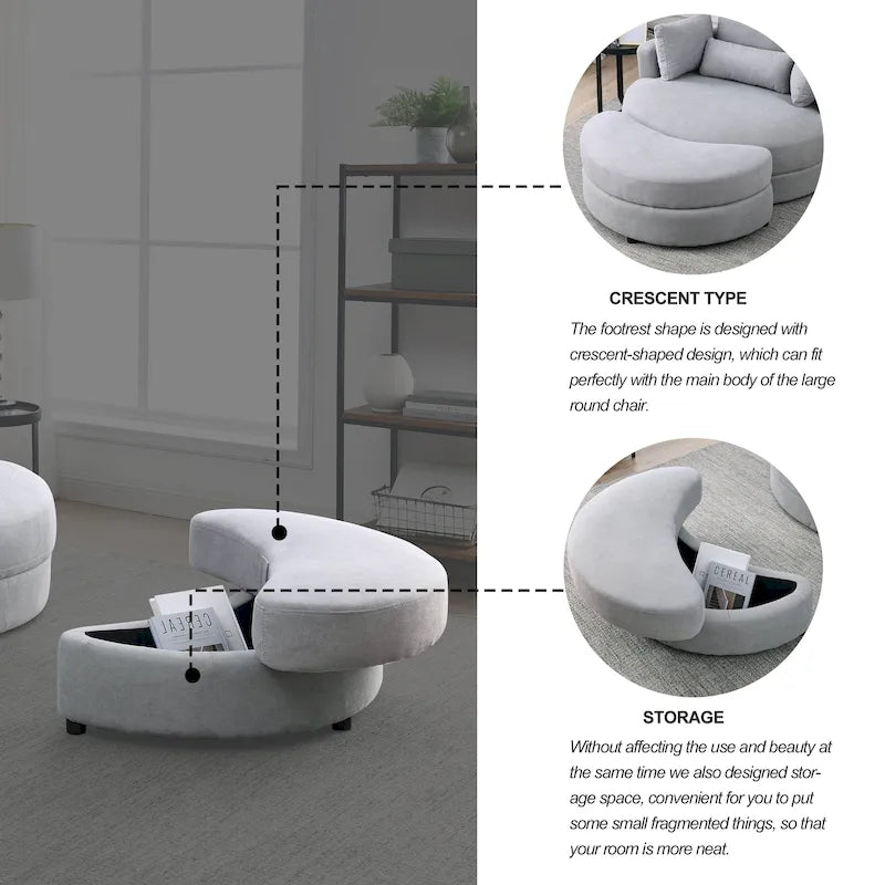 Fauteuil rond et grand Welike Swivel Accent Barrel, canapé moderne gris, avec pouf de rangement