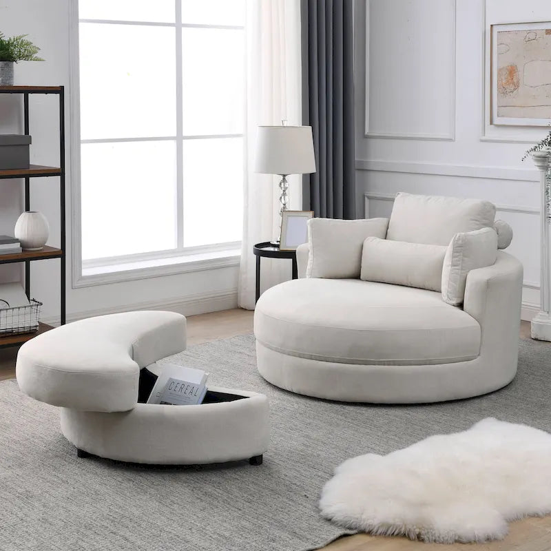 Fauteuil rond et grand Welike Swivel Accent Barrel, canapé moderne gris, avec pouf de rangement