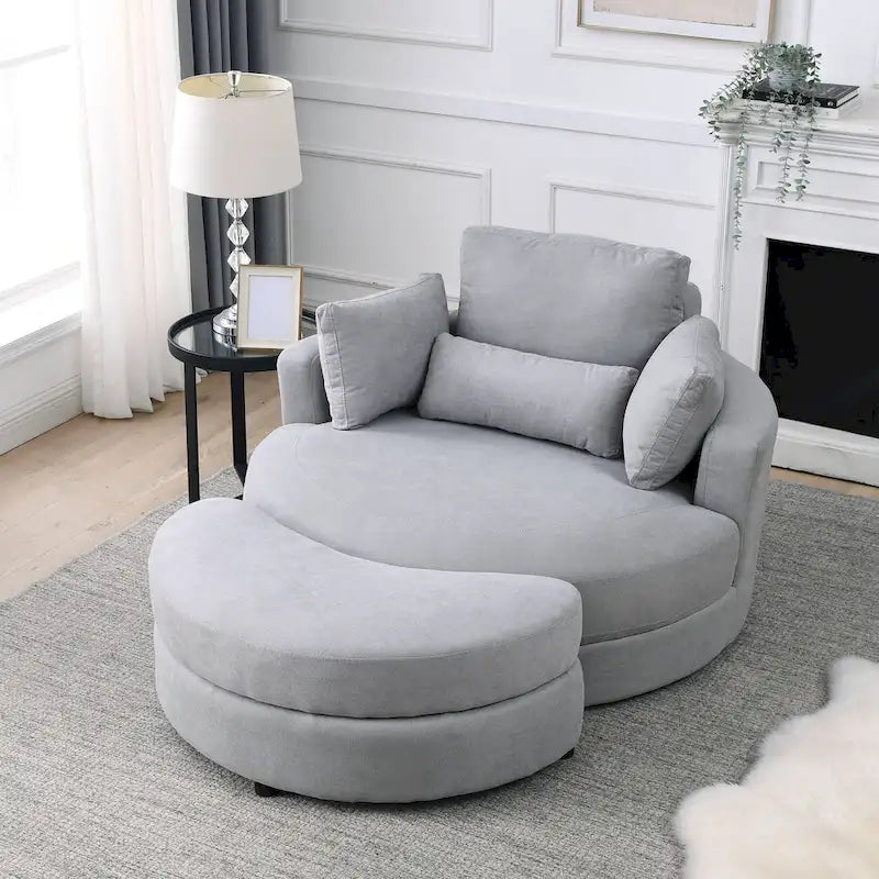Fauteuil rond et grand Welike Swivel Accent Barrel, canapé moderne gris, avec pouf de rangement