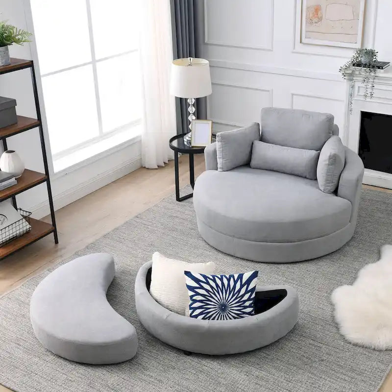 Fauteuil rond et grand Welike Swivel Accent Barrel, canapé moderne gris, avec pouf de rangement