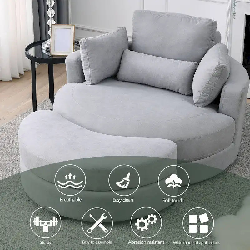 Fauteuil rond et grand Welike Swivel Accent Barrel, canapé moderne gris, avec pouf de rangement